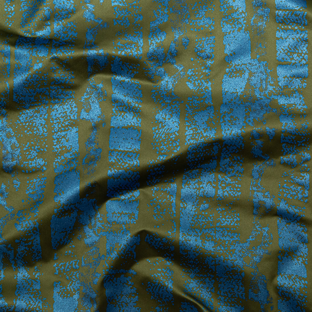Avocado Green Duchesse Satin with Metallic Stellar Blue Striped Border Print - Joann Fabrics