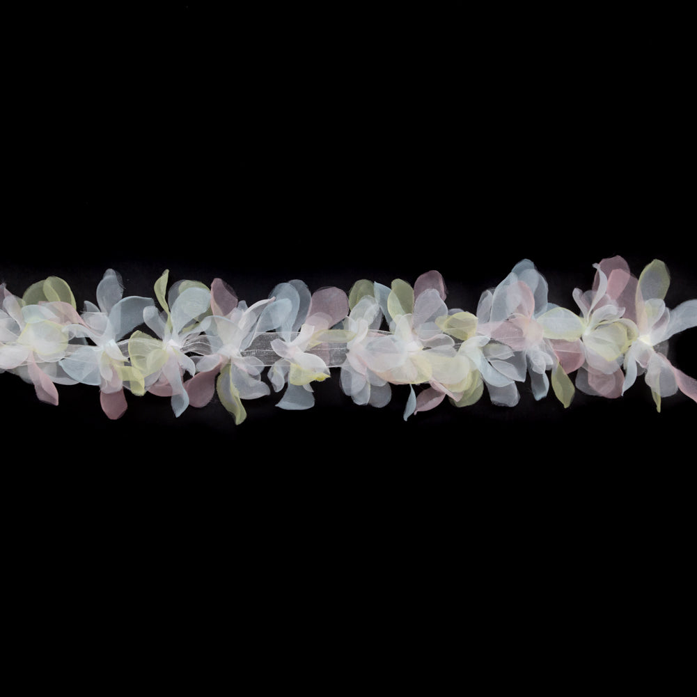 Italian Pastel Pink, Yellow and White 3D Organdy Floral Trim - 4