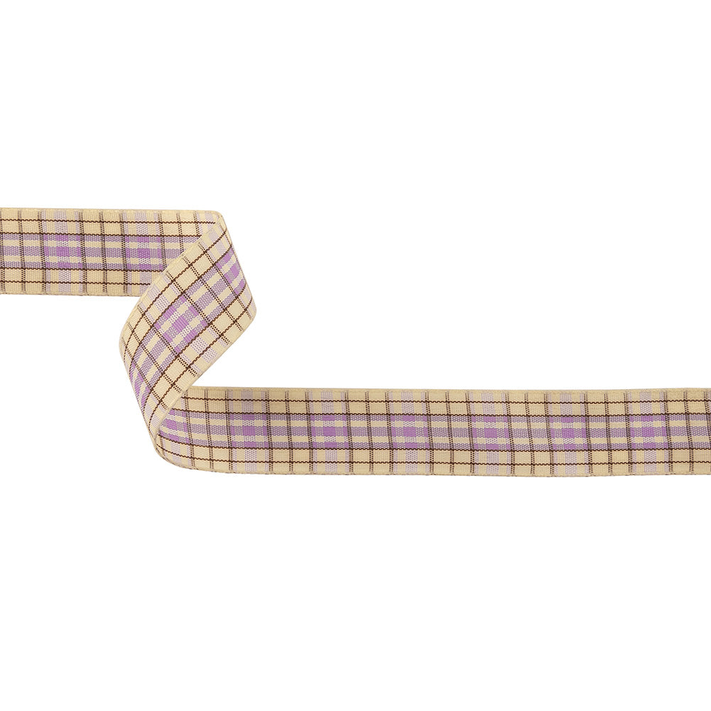 Lilac, Brown and Vanilla Ice Plaid Woven Ribbon - 1