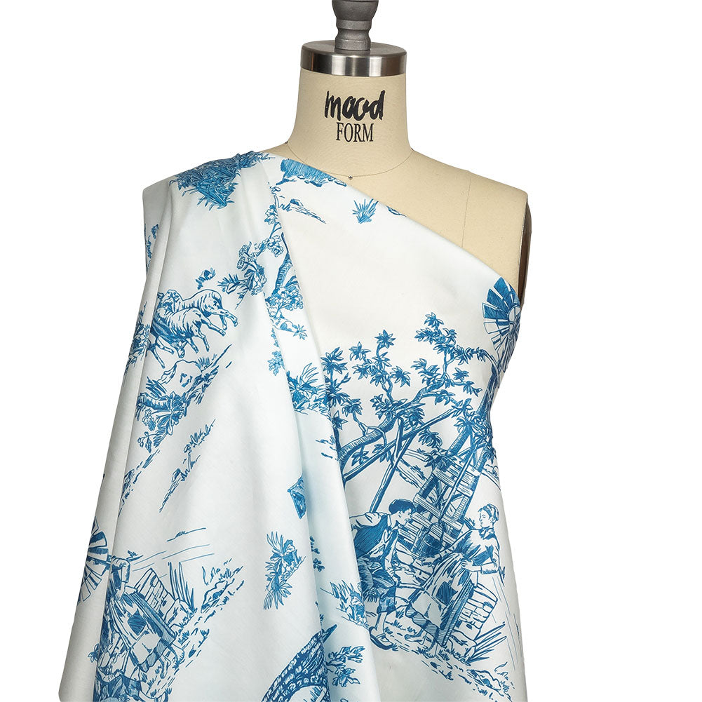 Cobalt and White Classic Toile de Jouy Mercerized Organic Egyptian Cotton Shirting - Joann Fabrics