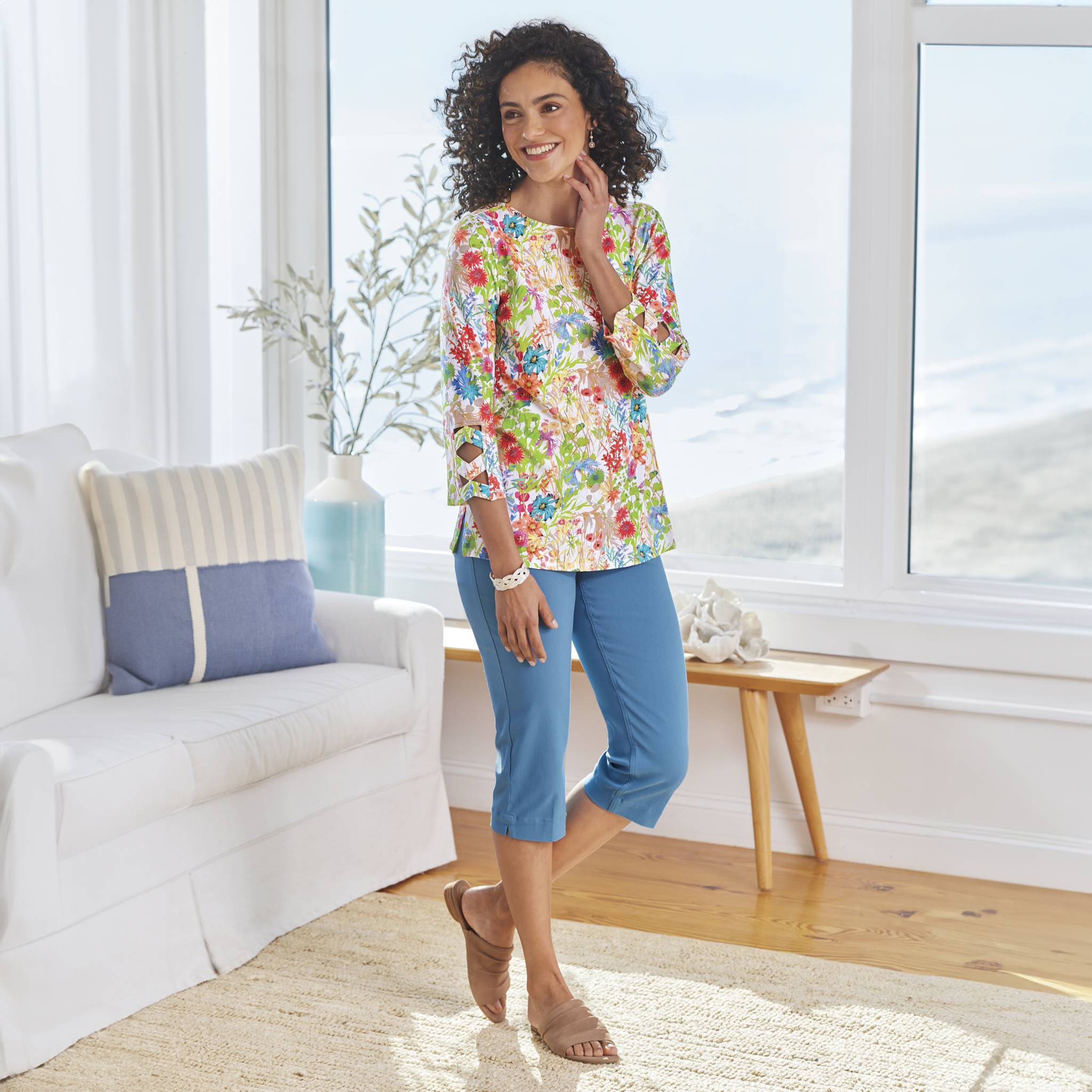 Print Lattice-Sleeve Knit Top, Modified Boatneck, 3/4 Sleeves, Side Slits - Northstyle Catalog