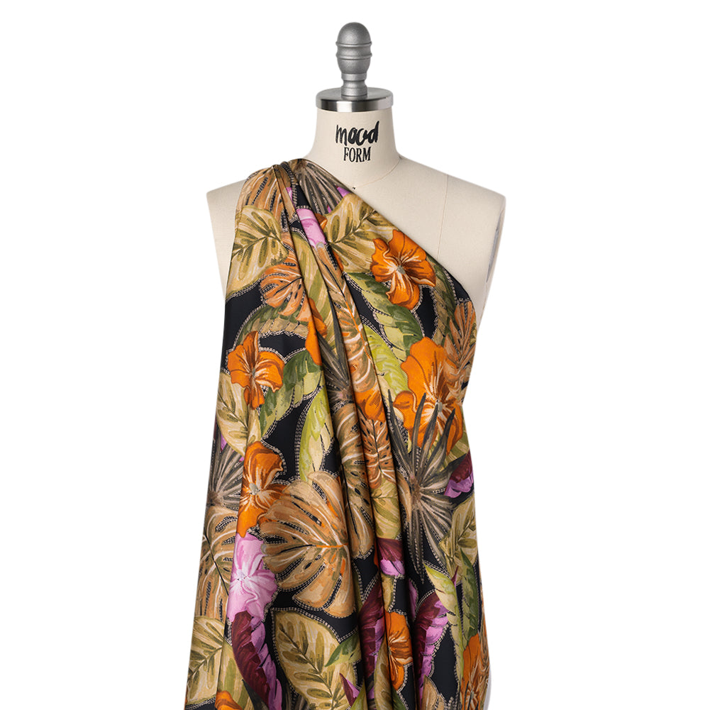 Polyester Satin - Beige, Green and Orange Tropical Leaves and Flowers with Stitching - Mood Exclusive Sunstitched Canopy Print - Joann Fabrics