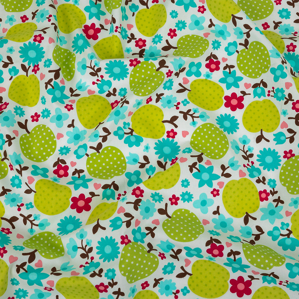 Green Glow Polka-Dotted Apples and Aqua Floral Printed Cotton Poplin - Joann Fabrics
