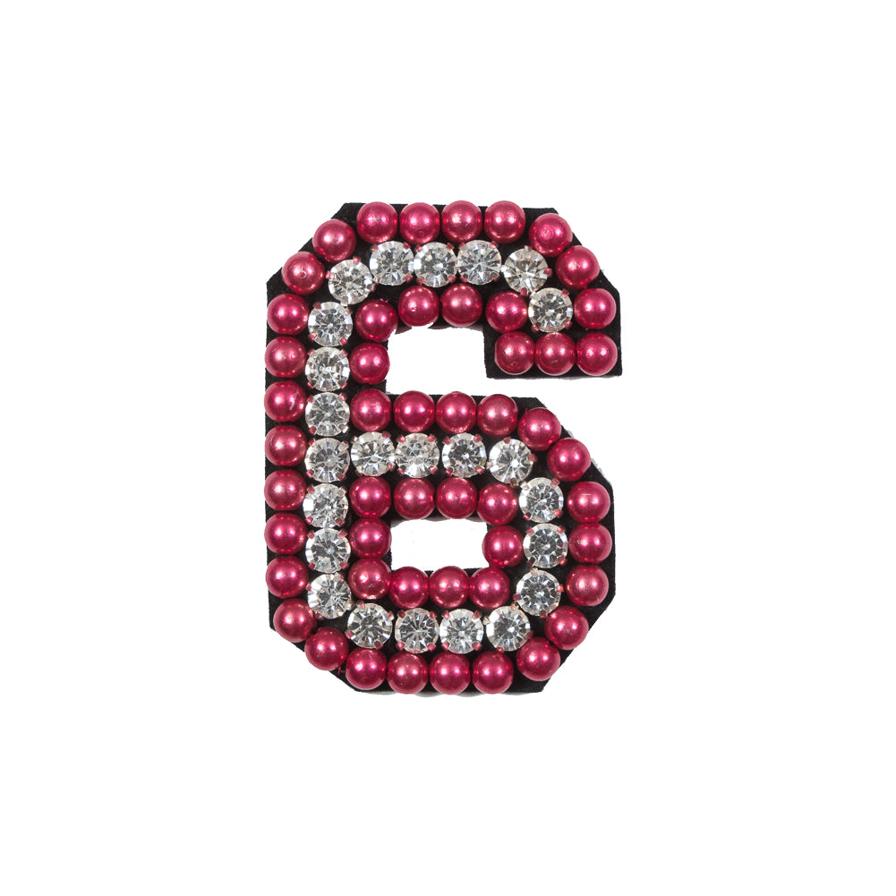 Italian Number 6 Patch with Pink Pearls and Rhinestones- 2.75
