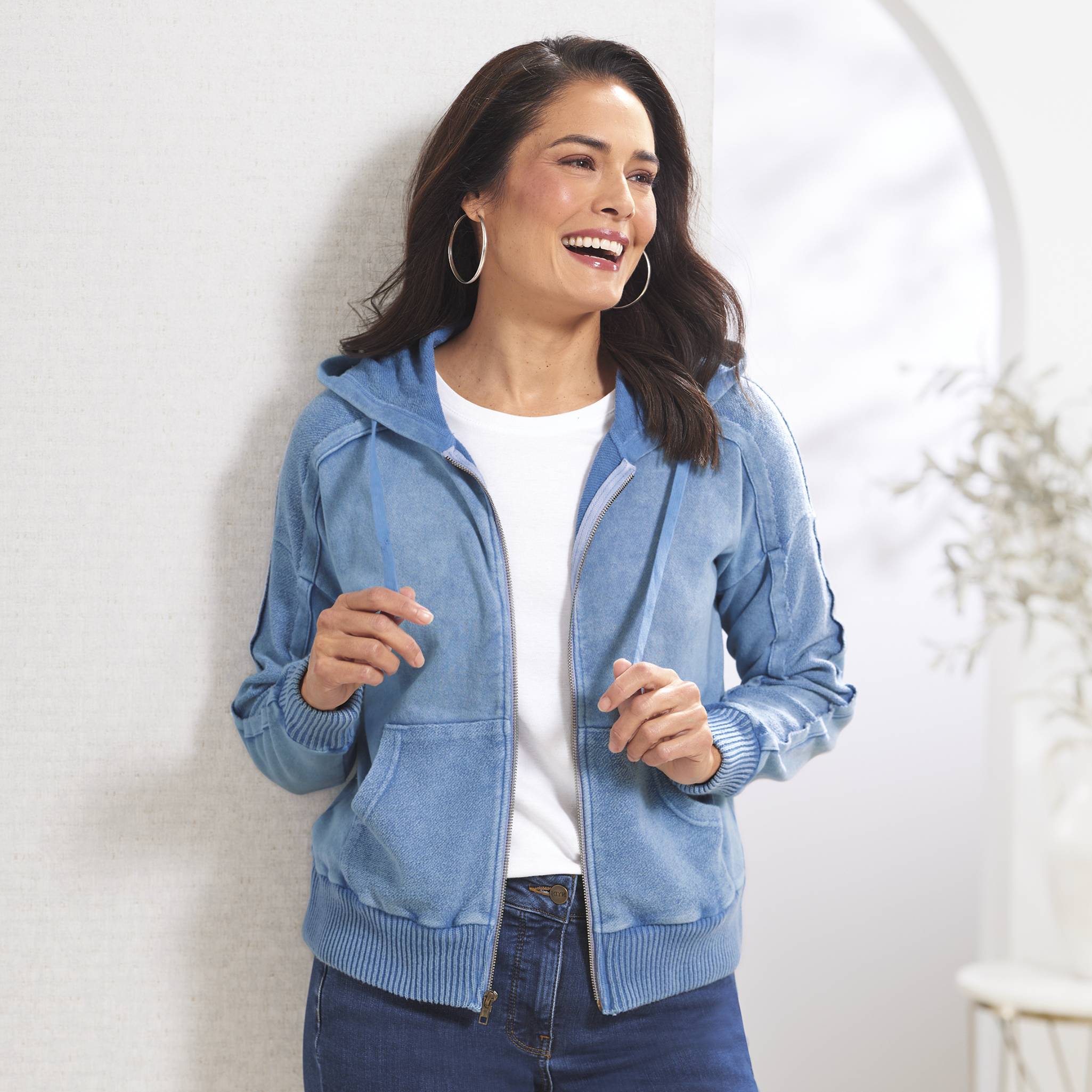 Vintage-Wash Cotton French Terry Hoodie, Zip Front, Drop Shoulders - Northstyle Catalog