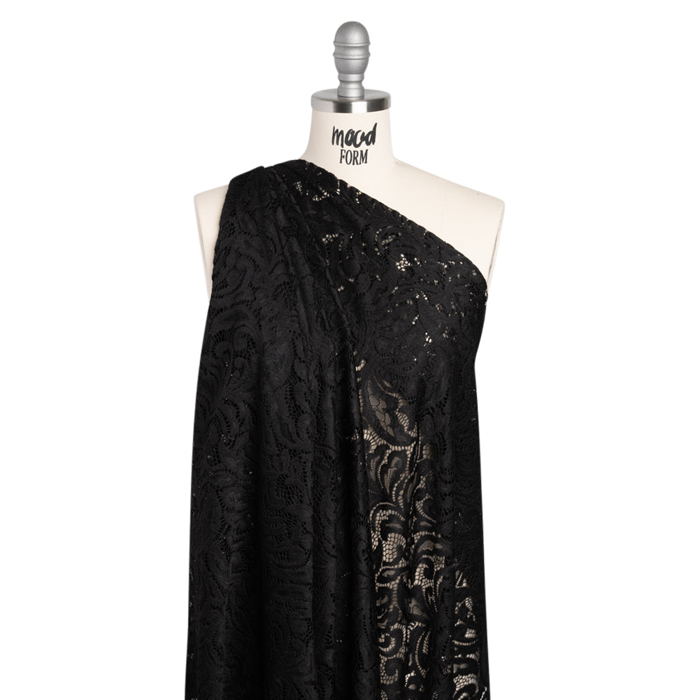 Stretch Re-Embroidered Lace with Finished Edges - Deep Black Paisley Leaves and Florals - Joann Fabrics