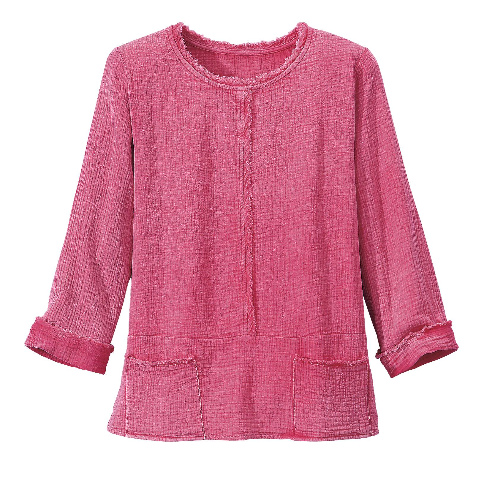 Double-Gauze Cotton Fringed Top, Patch Pockets, 3/4 Cuffed Sleeves - Northstyle Catalog