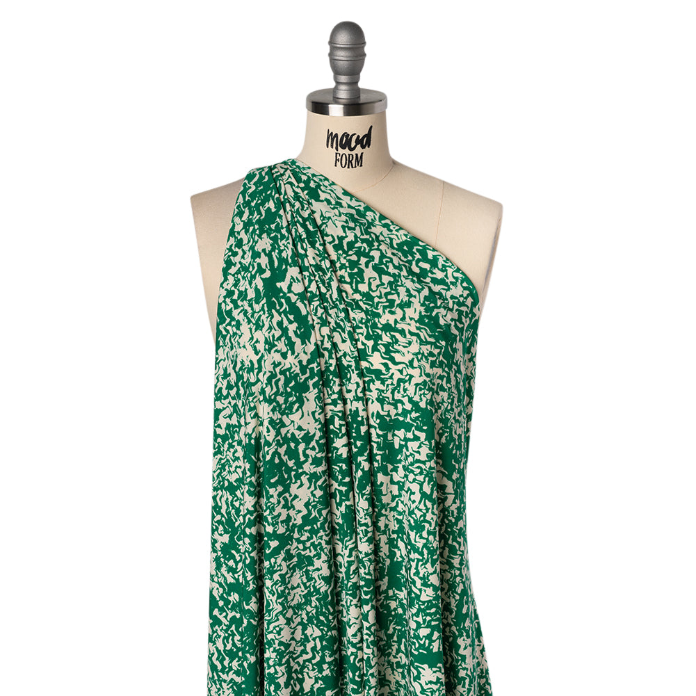 Stretch Polyester Tricot Print - Kelly Green and Cream Abstract Waves - Designer Deadstock - Joann Fabrics