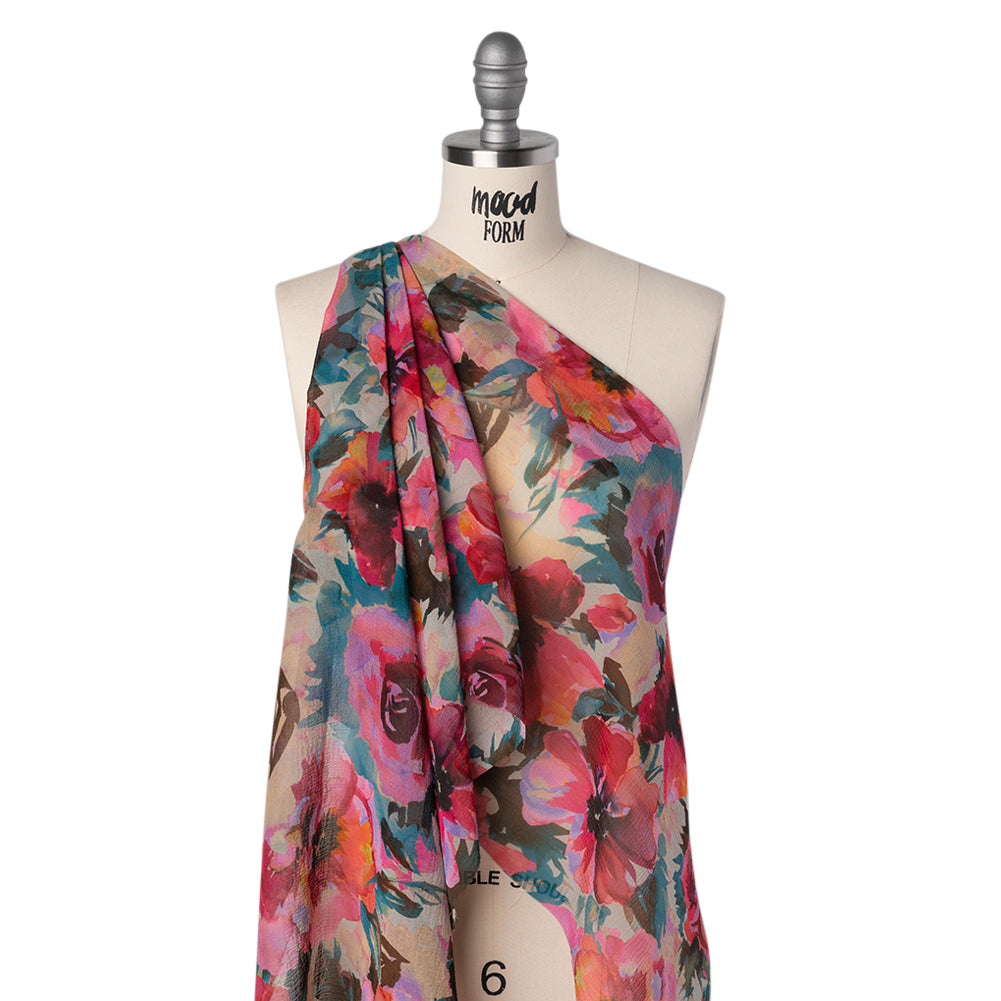 Silk Chiffon Print Made in Italy - Teal, Fuchsia and Peach Watercolor Blooms - Deadstock - Joann Fabrics
