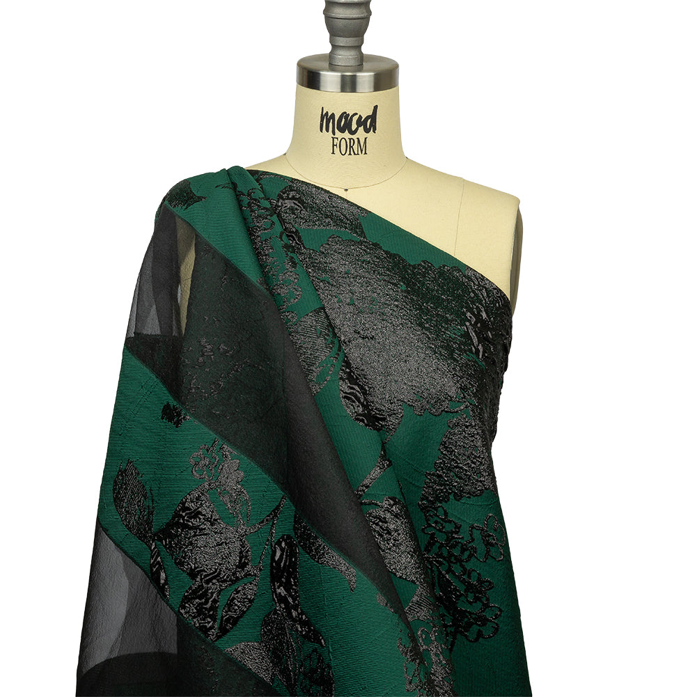 Metallic Black and Dark Green Floral Luxury Brocade with Sheer Stripes - Joann Fabrics