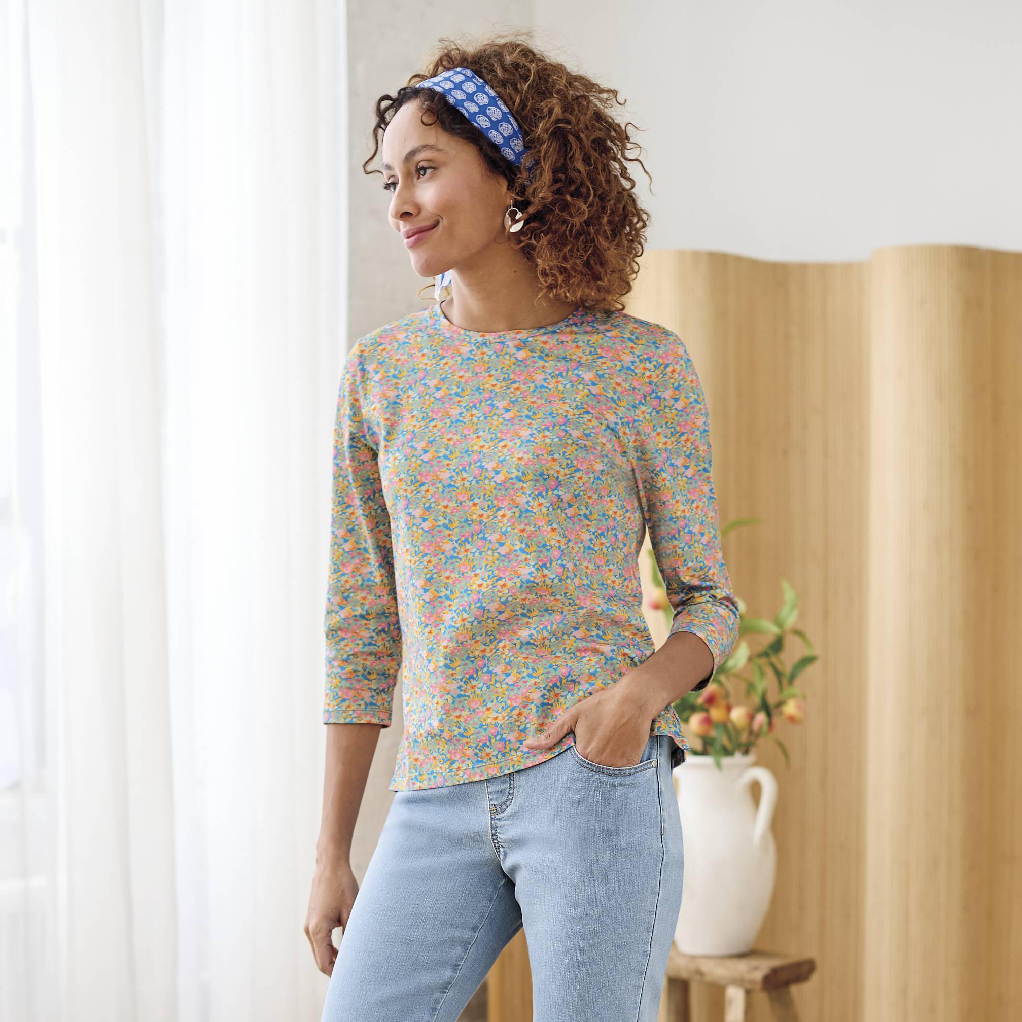 Stretch Cotton 3/4-Sleeve Print Top, Side Slits - Northstyle Catalog
