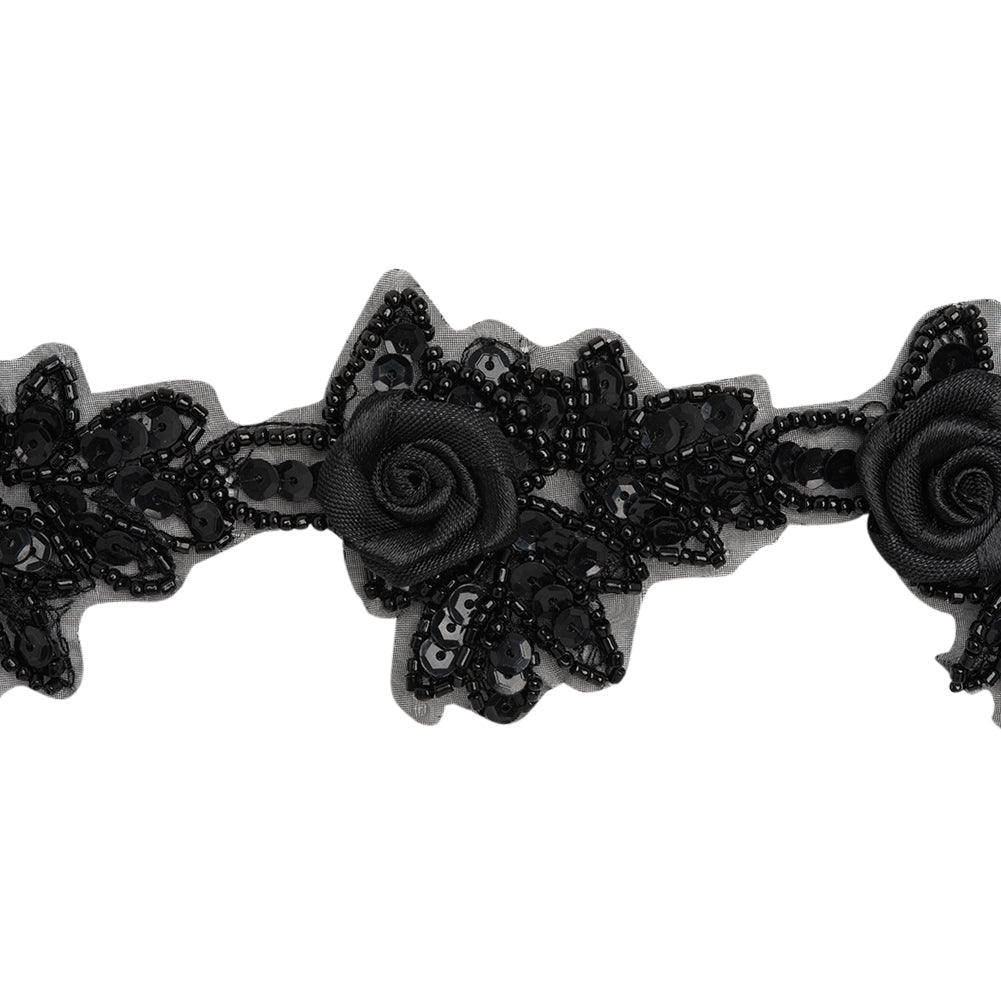 Yaya Han Beaded and Sequins Trim with 3D Roses - Black Floral, 2.5