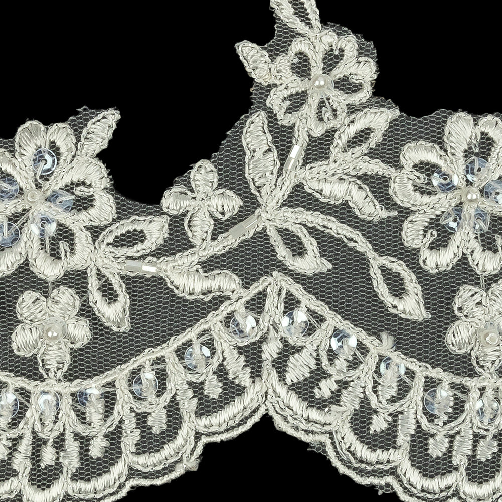 Off White and Striped Metallic Silver Floral and Scalloped Edge Corded Bridal Lace Trim with Sequins and Faux Pearl Beads - 3.5