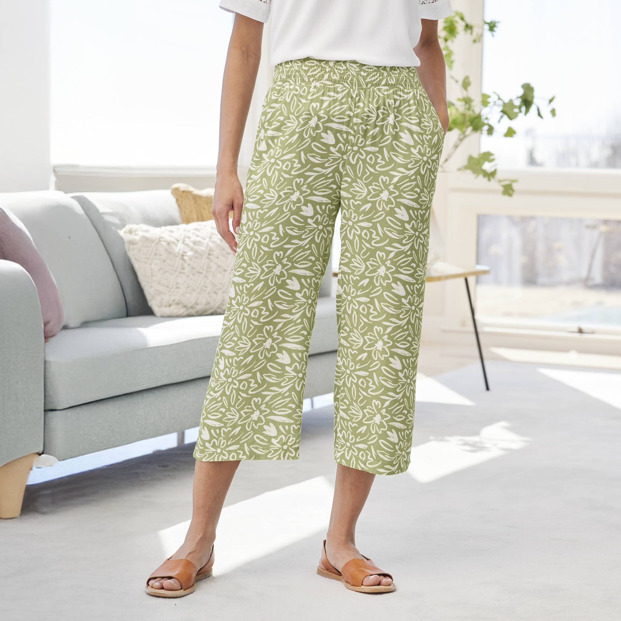 Smocked-Waist Pull-On Capris, Pockets, Flowy Wide Leg - Northstyle Catalog