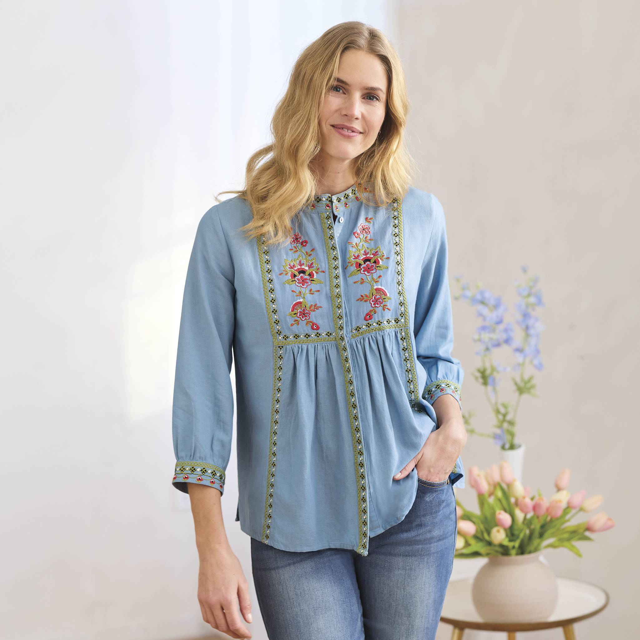 Floral-Embroidered Shirt, Stand Collar, 3/4 Sleeves - Northstyle Catalog