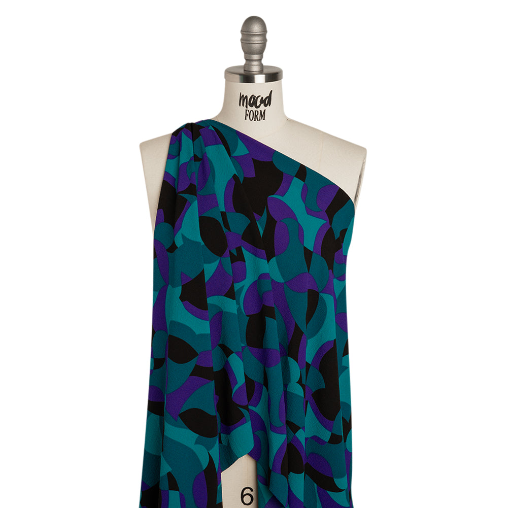 Stretch Polyester Crepe Print - Teal, Purple and Black Abstract - Designer Deadstock - Joann Fabrics