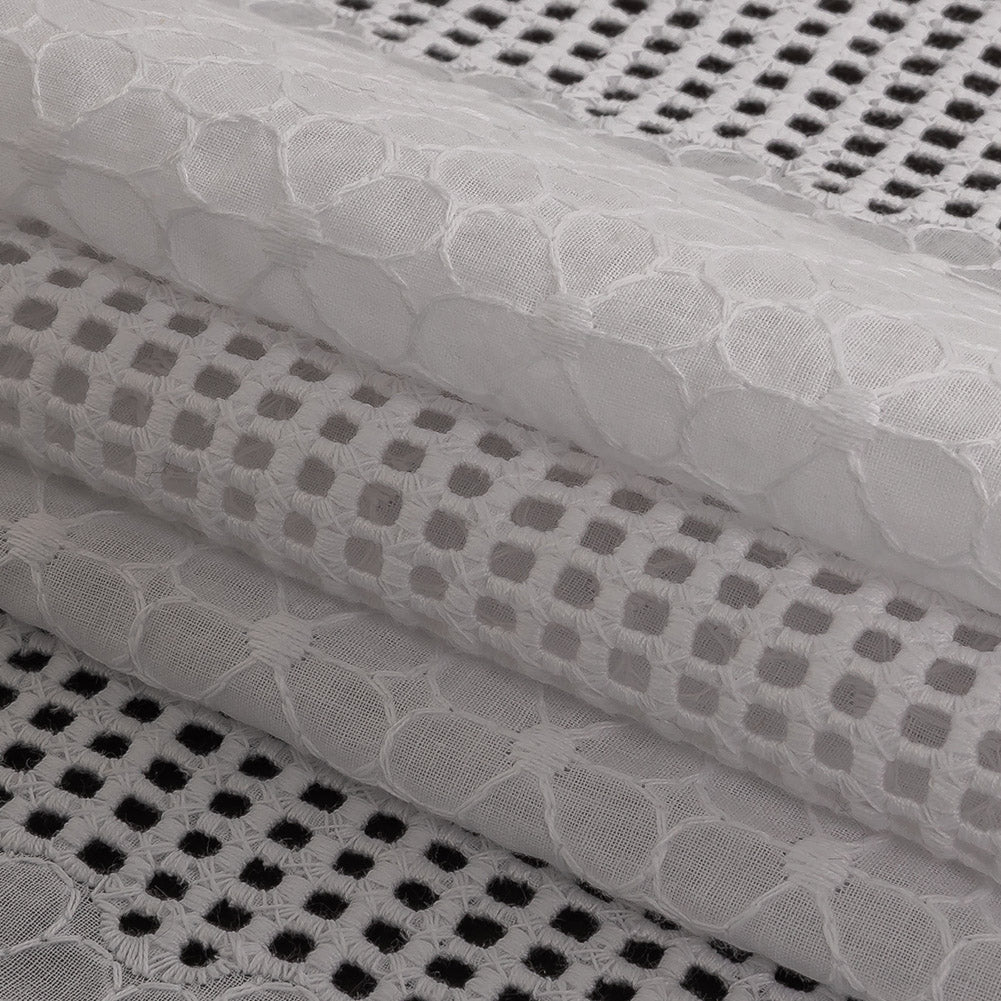 White Floral Embroidered Cotton Voile with Gridded Guipure Lace Stripes - Joann Fabrics
