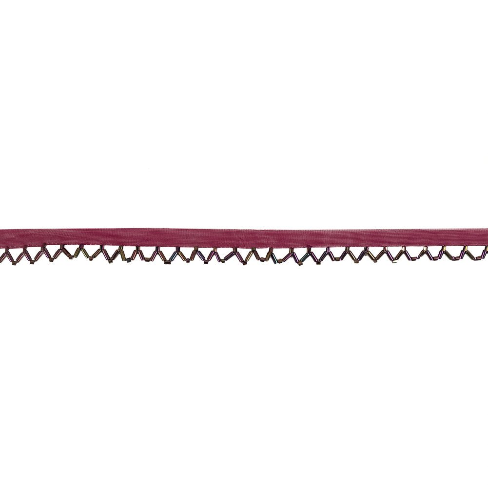 Vintage Burgundy and Purple Iris Beaded Scalloped Fringe Trim on Polyester Mesh - 0.5