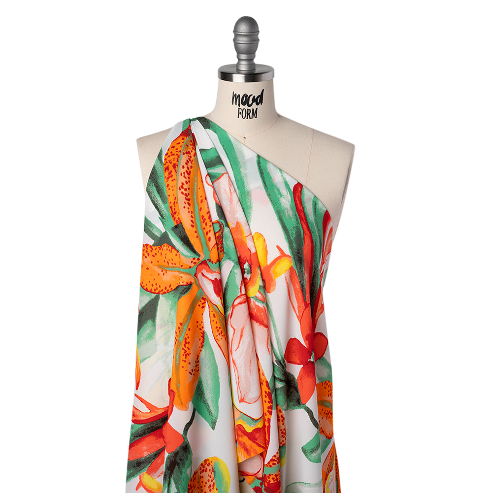 Lightweight Polyester Crepe Print - Bright Orange, Yellow and Green Brilliant Flowers and Orchids - Designer Deadstock - Joann Fabrics