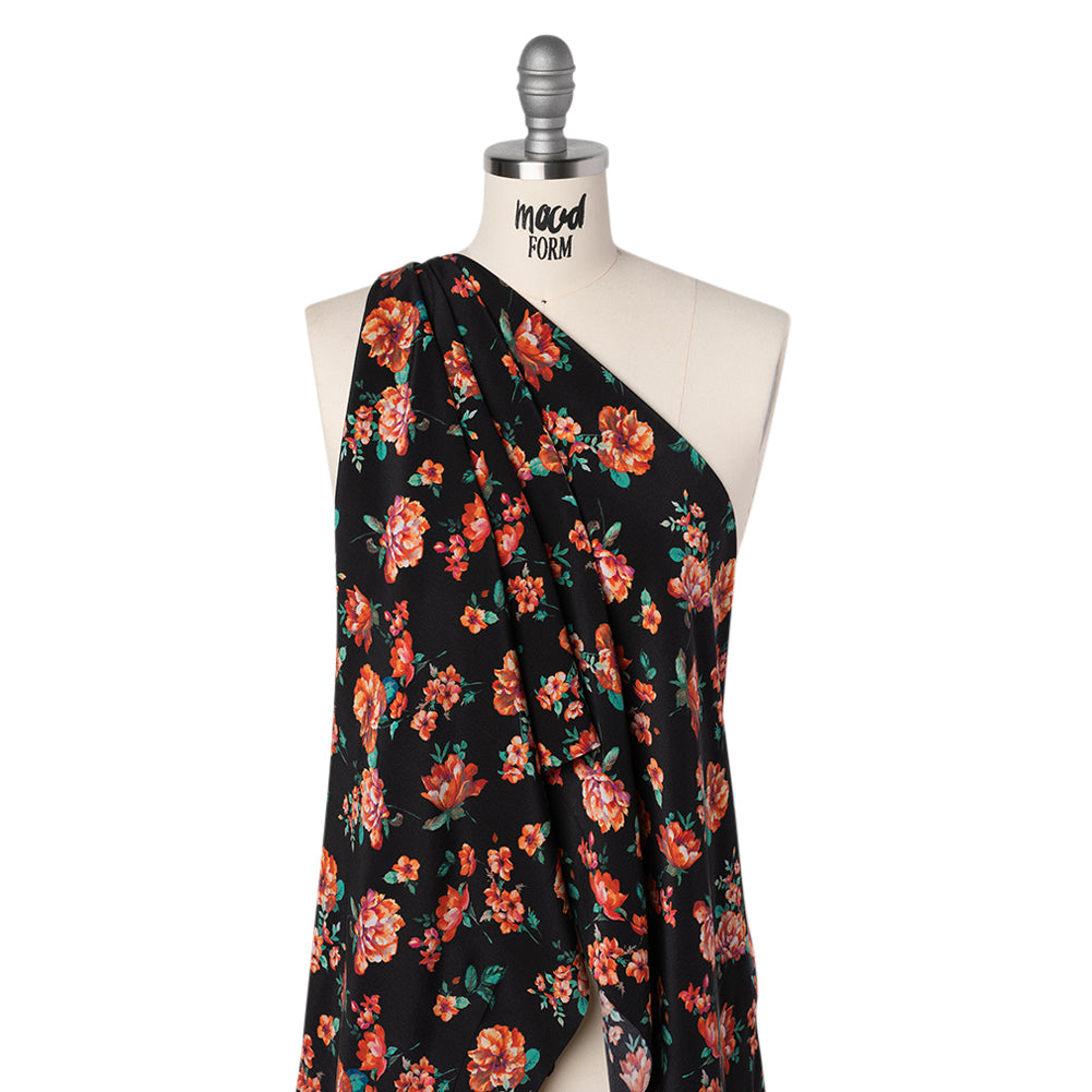 Silk Crepe de Chine Print Made in Italy - Black, Red and Green Scattered Flowers - Deadstock - Joann Fabrics
