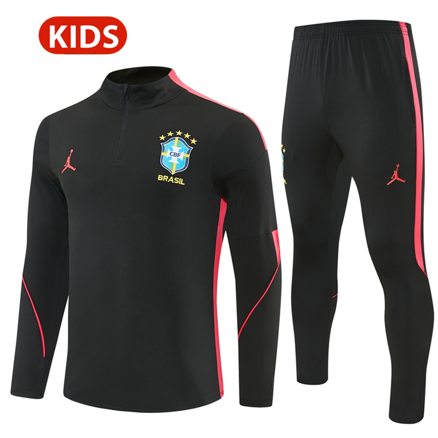 Brazil X JD 2026 Kids Long Sleeves Training Set - Black Top And Black Orange Pants - UnitedFutballJersey