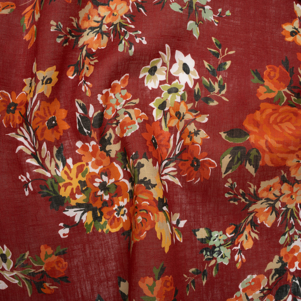 Medium Weight Linen Woven Print - Wine Red, Green and Dark Orange Floral - Joann Fabrics