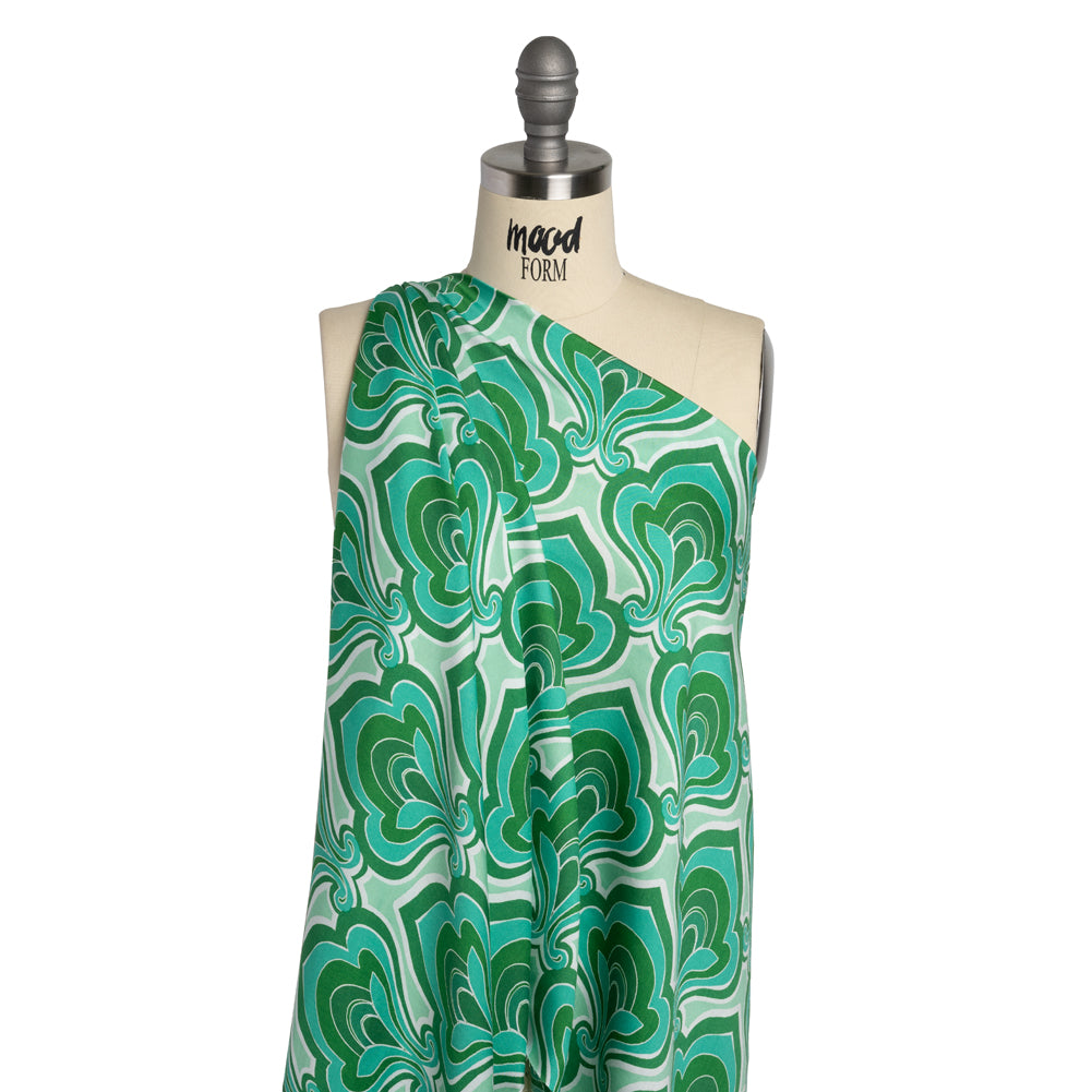 Rayon Batiste - Green and Teal Retro Palmette Floral - Made in Italy - Joann Fabrics
