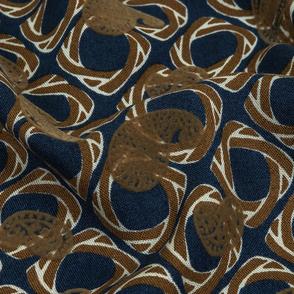 Beige and Navy Flocked Paisley on Twisted Squares Printed Viscose Woven - Joann Fabrics