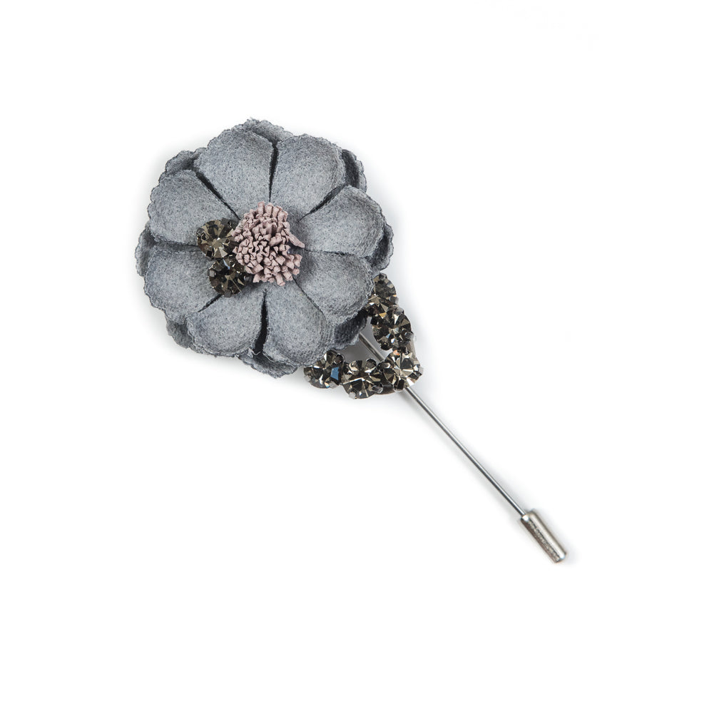 Italian Gray Flower Brooch with Rhinestones - 3.75