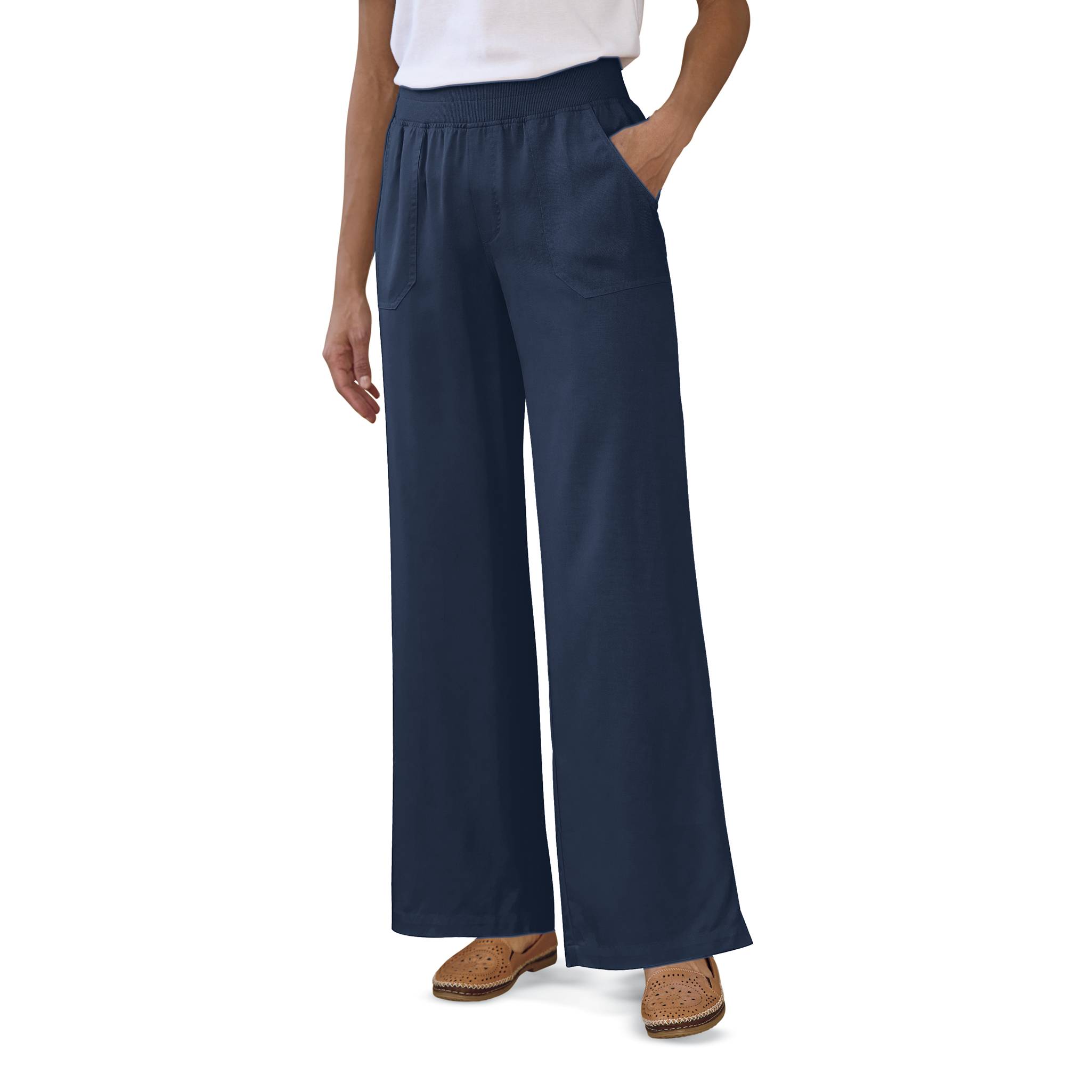Pull-On Flowy Pants, Stretchy Ribknit Waist, Front Pockets - Northstyle Catalog