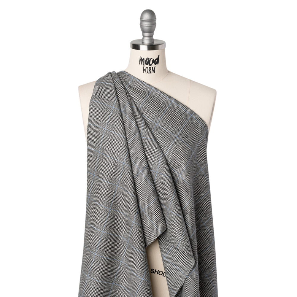 Brushed Virgin Merino Wool Twill - Black, White and Sky Blue Glen Plaid - Joann Fabrics