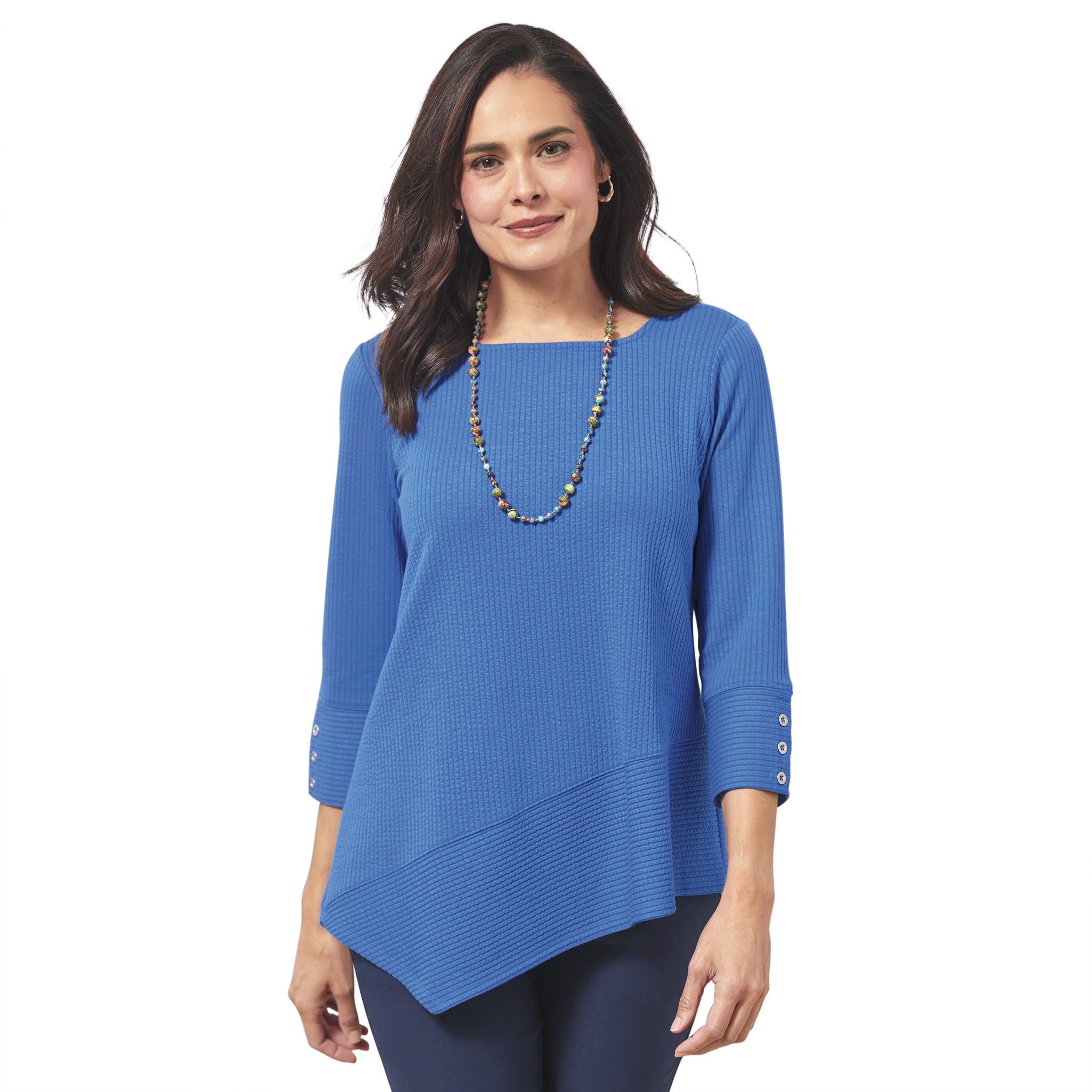 Asymmetric-Hem Textured Knit Top, 3/4 Sleeves, 3-Button Cuffs - Northstyle Catalog