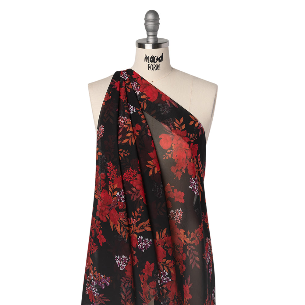 Polyester Chiffon Print - Red, Plum and Black Floral Bunches - Designer Deadstock - Joann Fabrics