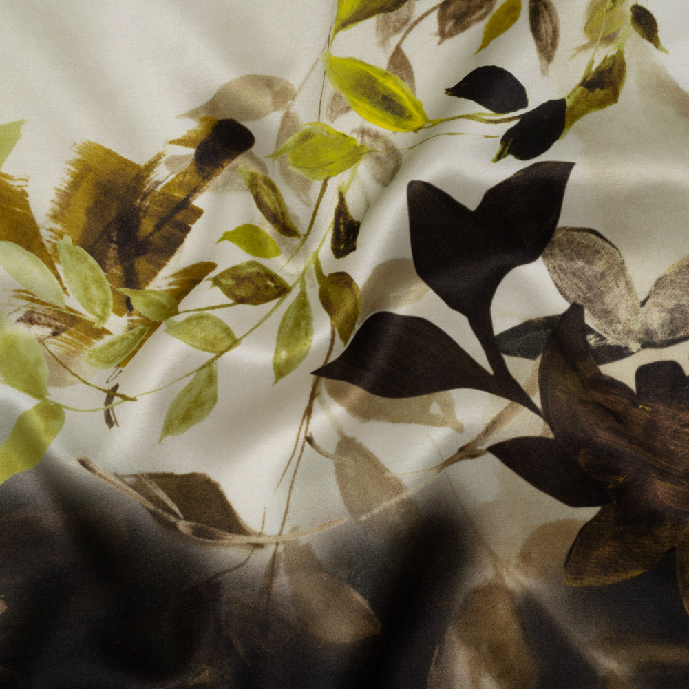 Silk Satin Print Made in Italy - Brown, Cream and Chartreuse Painted Leaves - Deadstock - Joann Fabrics