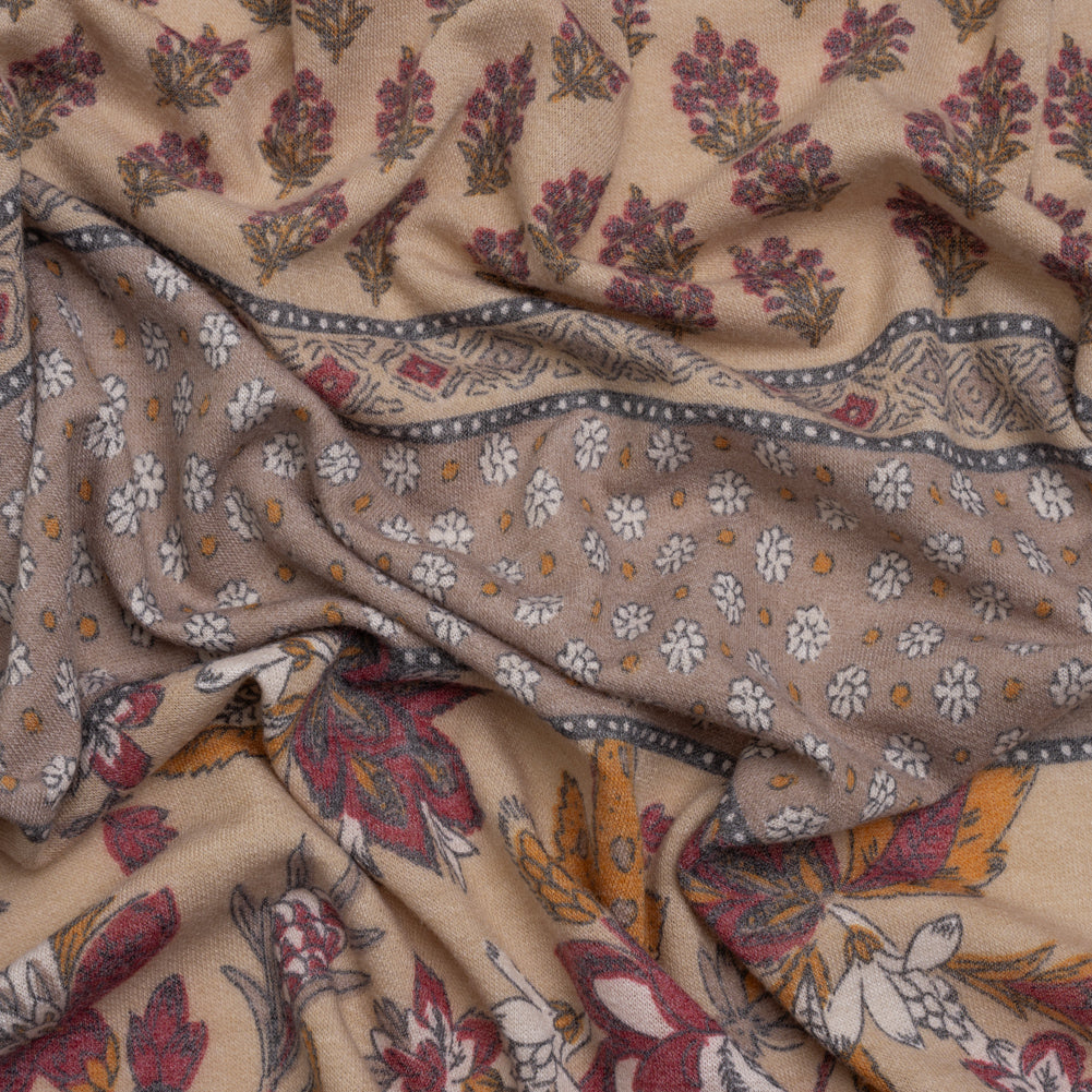 Tan, Red and Orange Rustic Floral Stripes Stretch Polyester and Rayon French Terry - Joann Fabrics