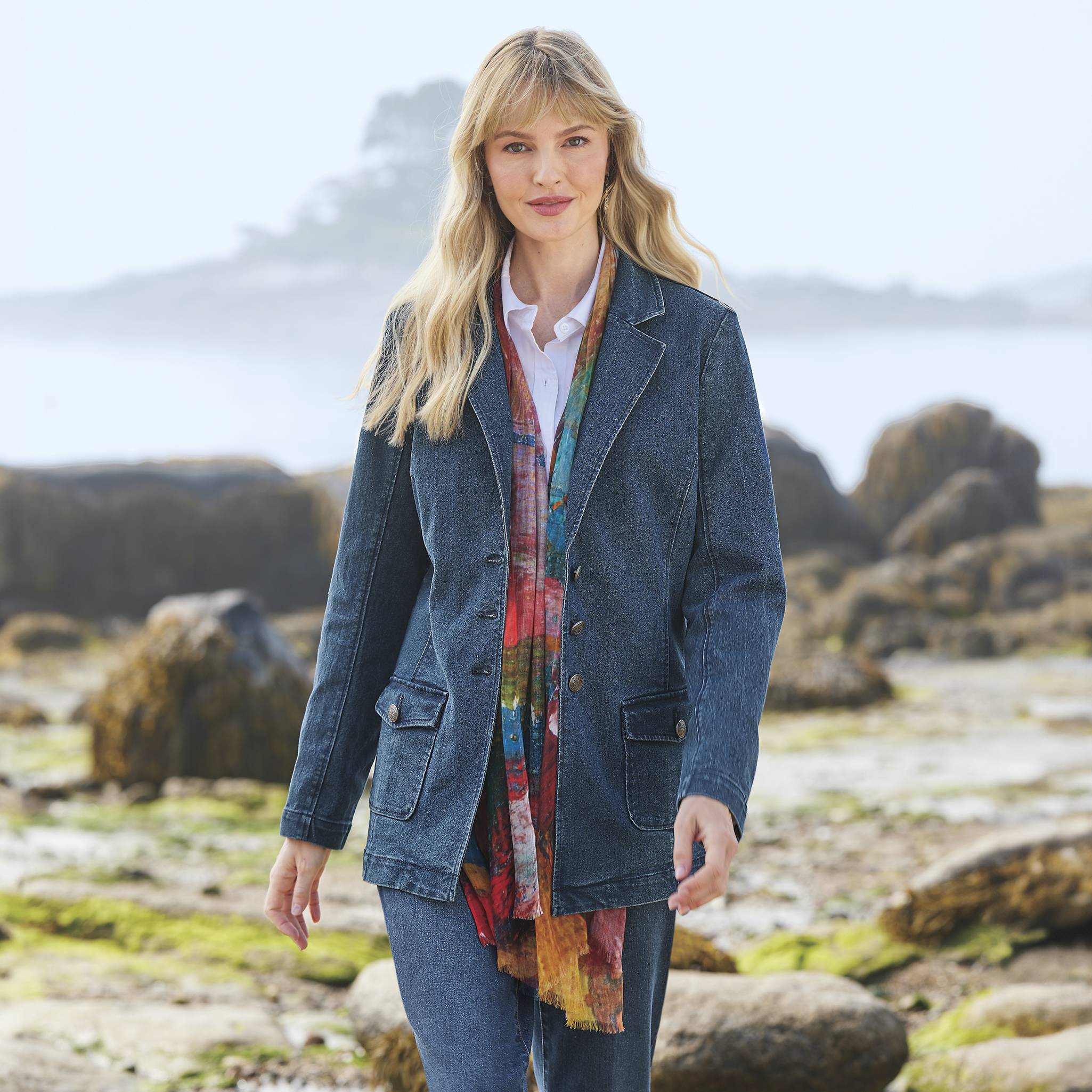 Notched-Collar Denim Blazer, Button Front, Pockets, Back Vent - Northstyle Catalog