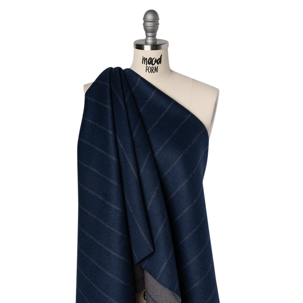 Brushed Wool Double Cloth Coating - Navy Blue and Gray Chalk Stripes - Deadstock - Joann Fabrics