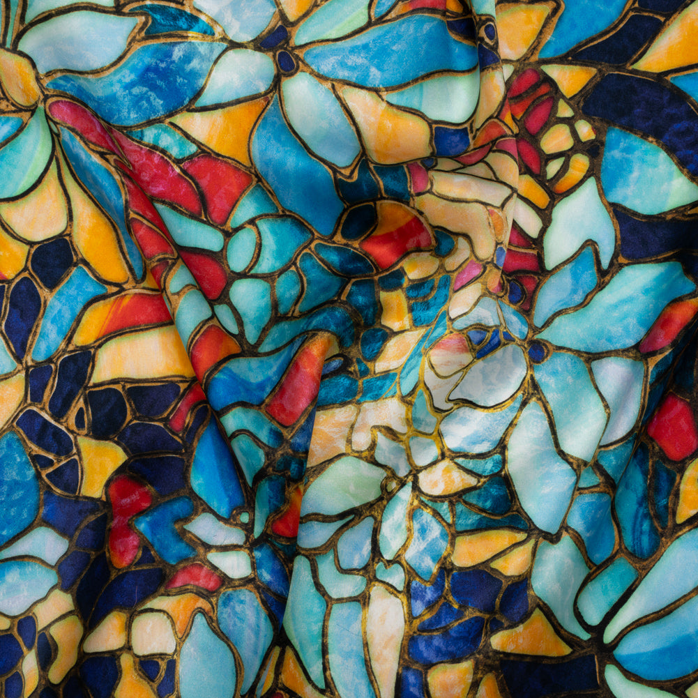 Silk Charmeuse Print 16MM, Made in Italy - Sky Blue, Golden Yellow and Red Stained Glass Flower Mosaic - Joann Fabrics