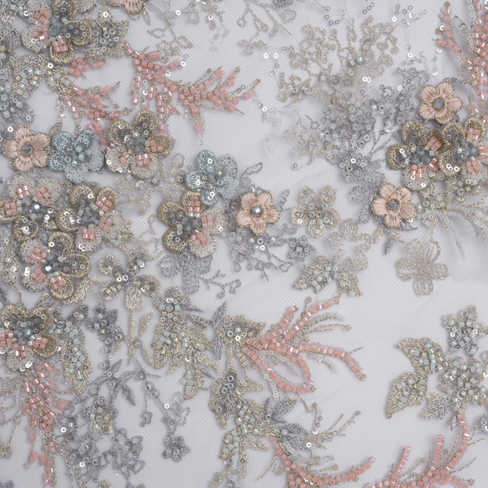 Beaded and Embroidered Tulle with 3D Appliques - Light Blue, Pink and Gold Fanciful Floral Sprays - Joann Fabrics