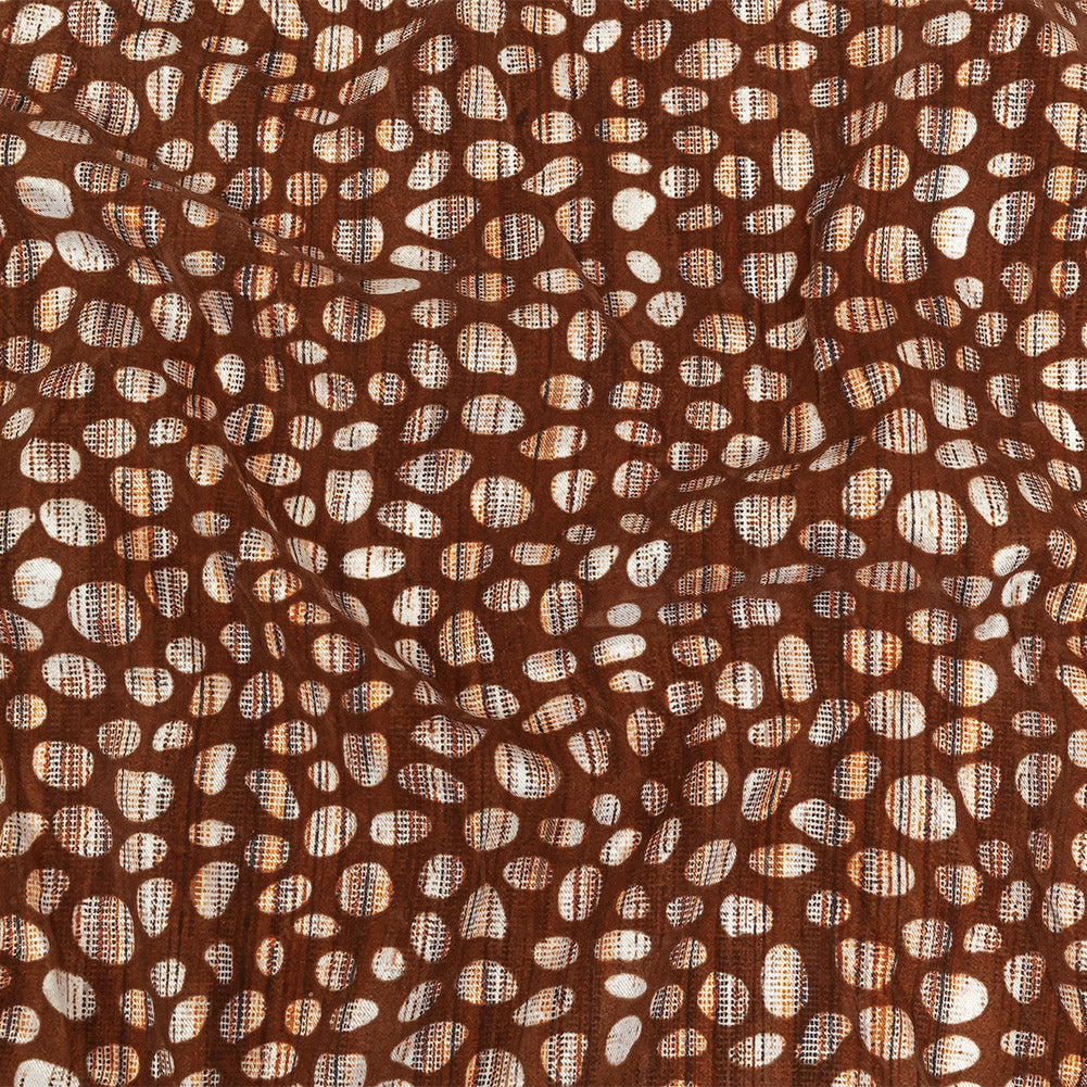 Brown Flocked Bubbles on Brown, Orange and White Distressed Stripes Printed Stretch Cotton Twill - Joann Fabrics