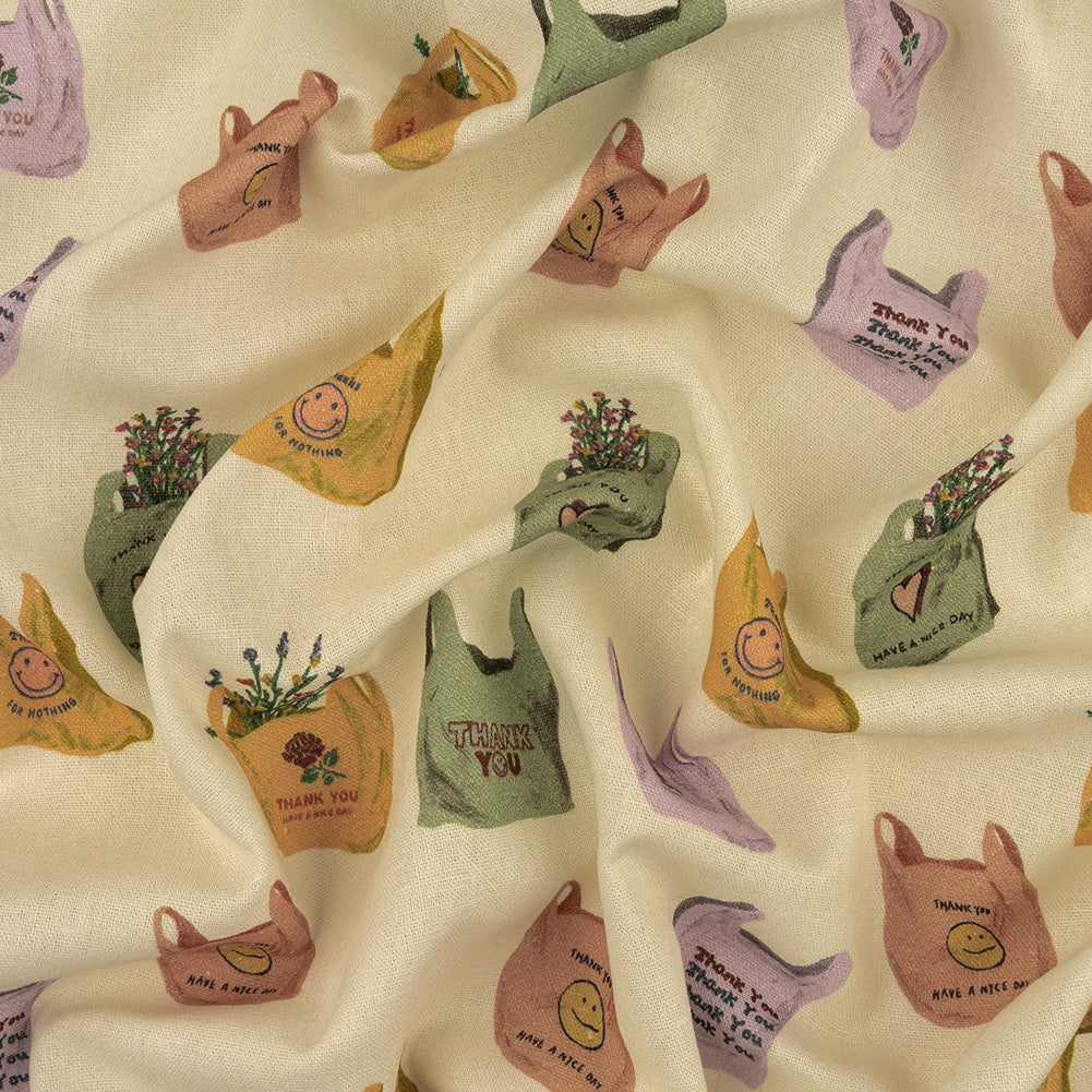 Linen and Rayon Woven - Purple, Yellow and Green Shopping Bags - Come Again Soon Print - Mood Exclusive Wisteria Collection - Joann Fabrics