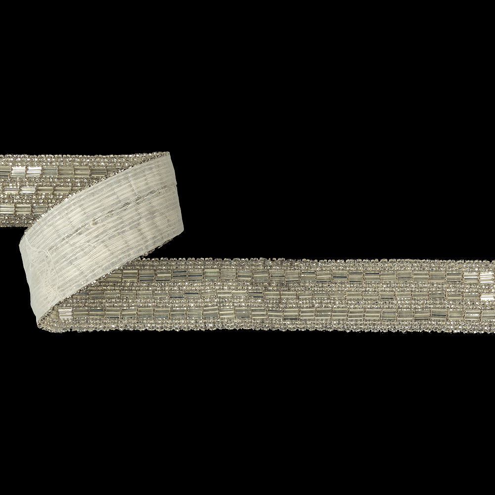 Vintage Silver Lined Seed and Bugle Beaded Striped Trim - 1.375