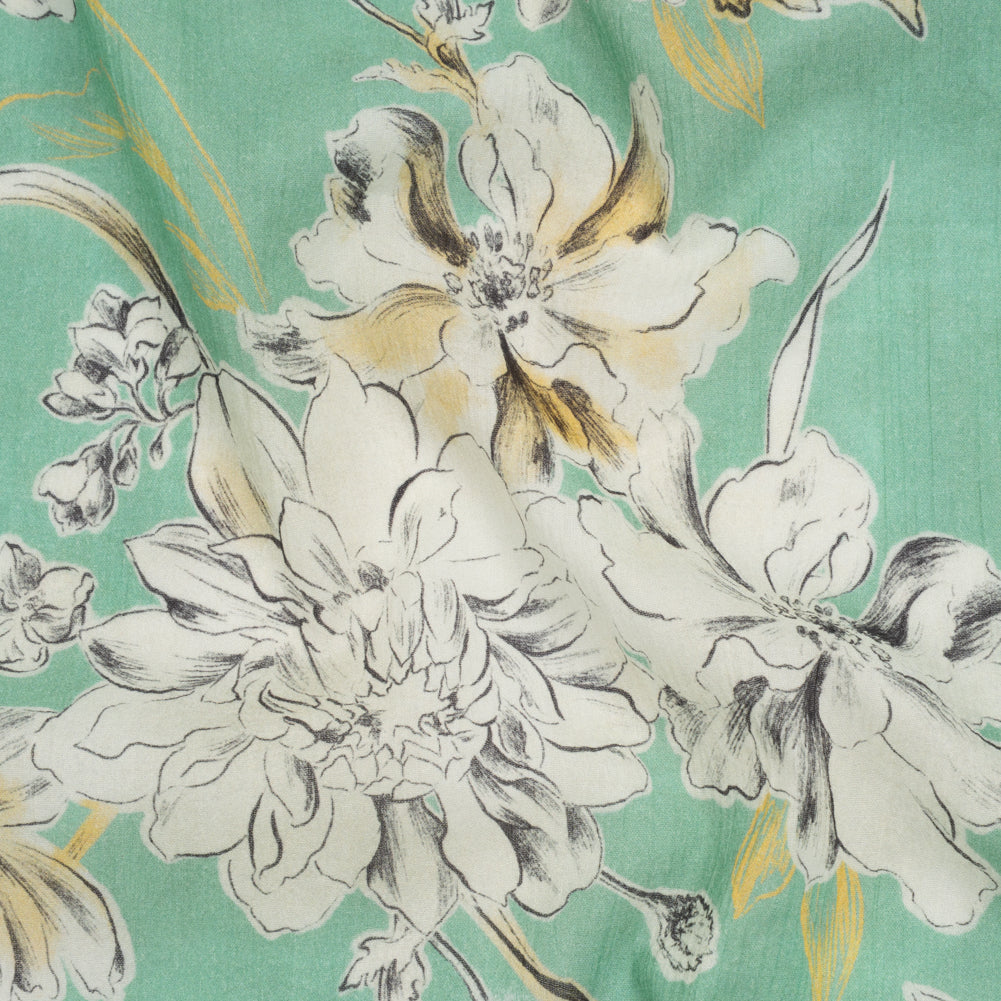 Crinkled Cotton Gauzy Woven - Mint Green, Golden Yellow and Off White Floral - Mood Exclusive Color Me Chrysanthemum Print - Joann Fabrics