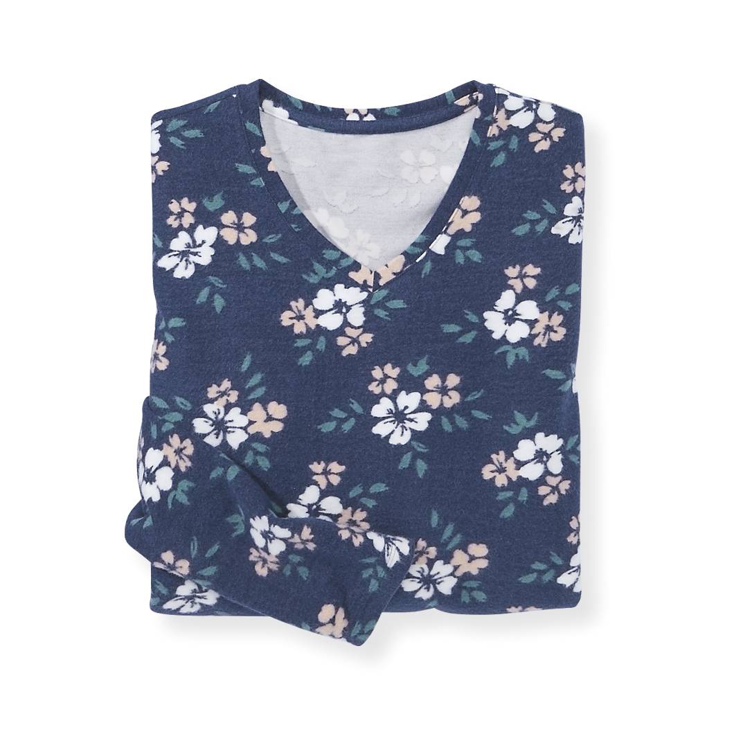 Bamboo Fleece Floral PJ Set, V-Neck Top, Elastic-Waist Pants - Northstyle Catalog