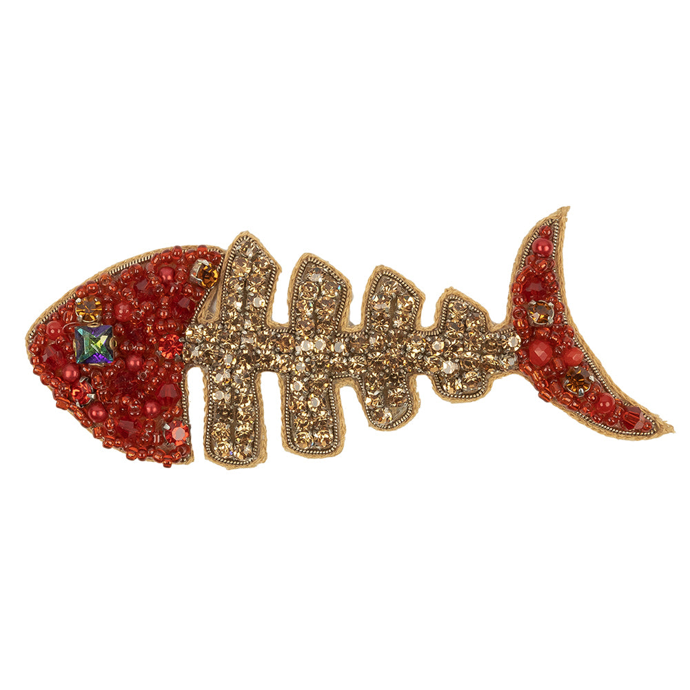 Red and Gold Skeletal Fish Rhinestones and Glass Beaded Applique - 1.5