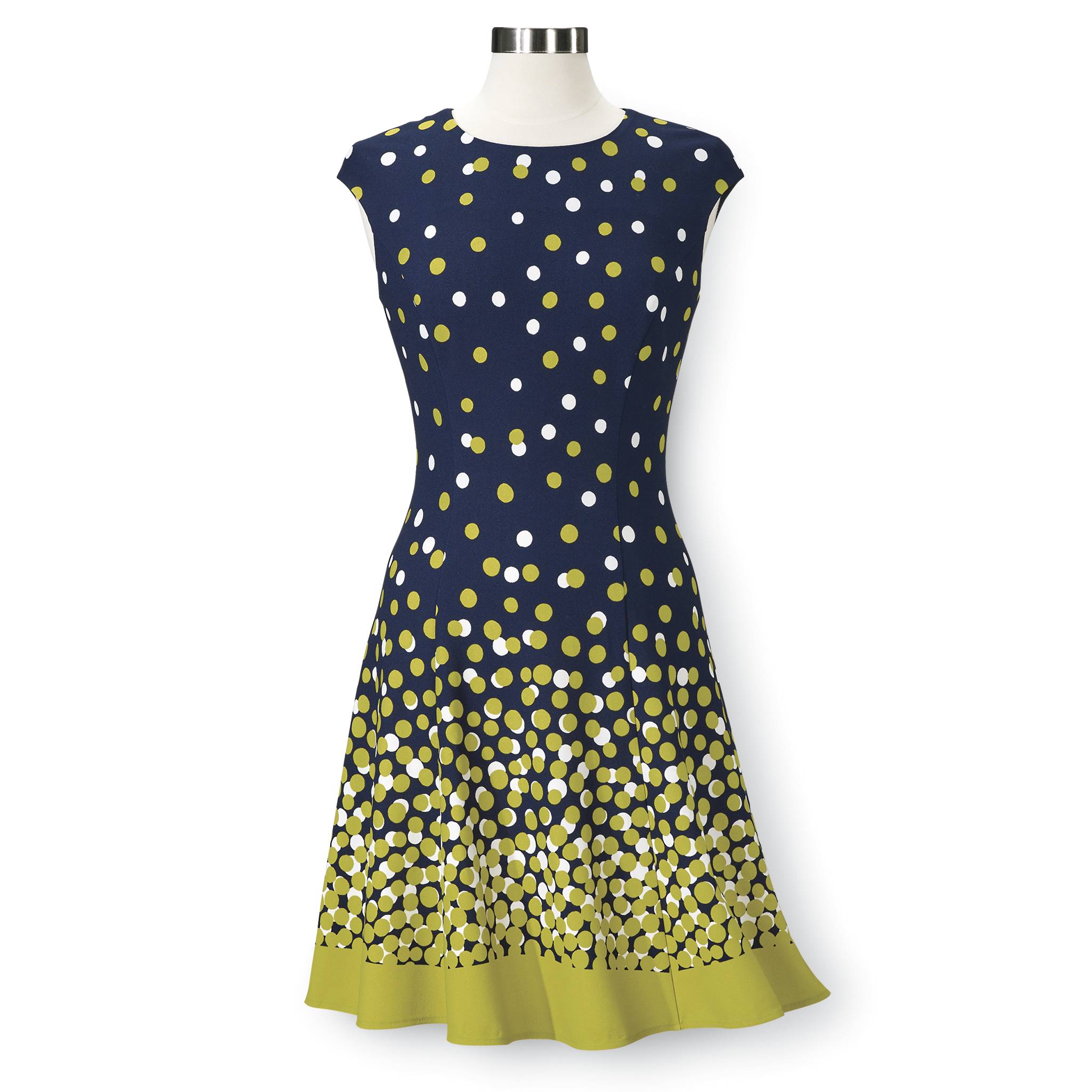 Border Print Dot Dress, Round Neck, Extended Shoulders, Back Zip - Northstyle Catalog