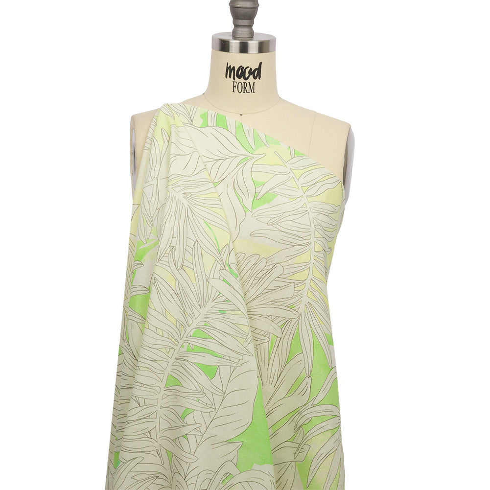 Linen and Rayon Woven - White and Pale Green Leaves - Under the Boardwalk Print - Mood Exclusive Palm Beach Collection - Joann Fabrics