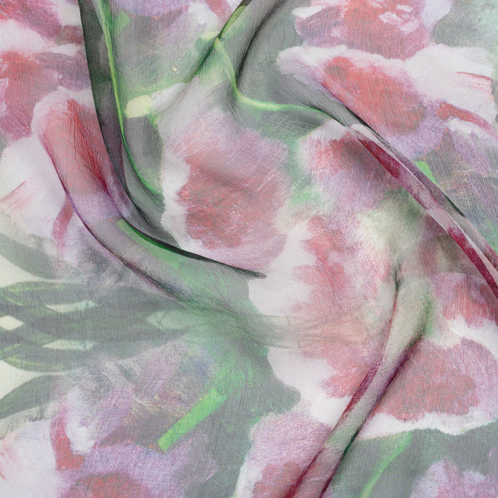 Crinkled Silk Chiffon Print - Green and Pink Ferns and Painterly Flowers Borders - Deadstock - Joann Fabrics