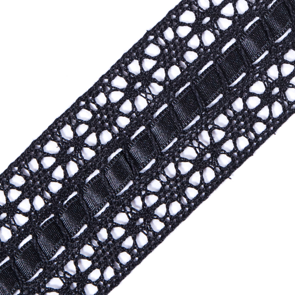 European Black Crochet Trim with Satin Ribbon Detail - 1.5