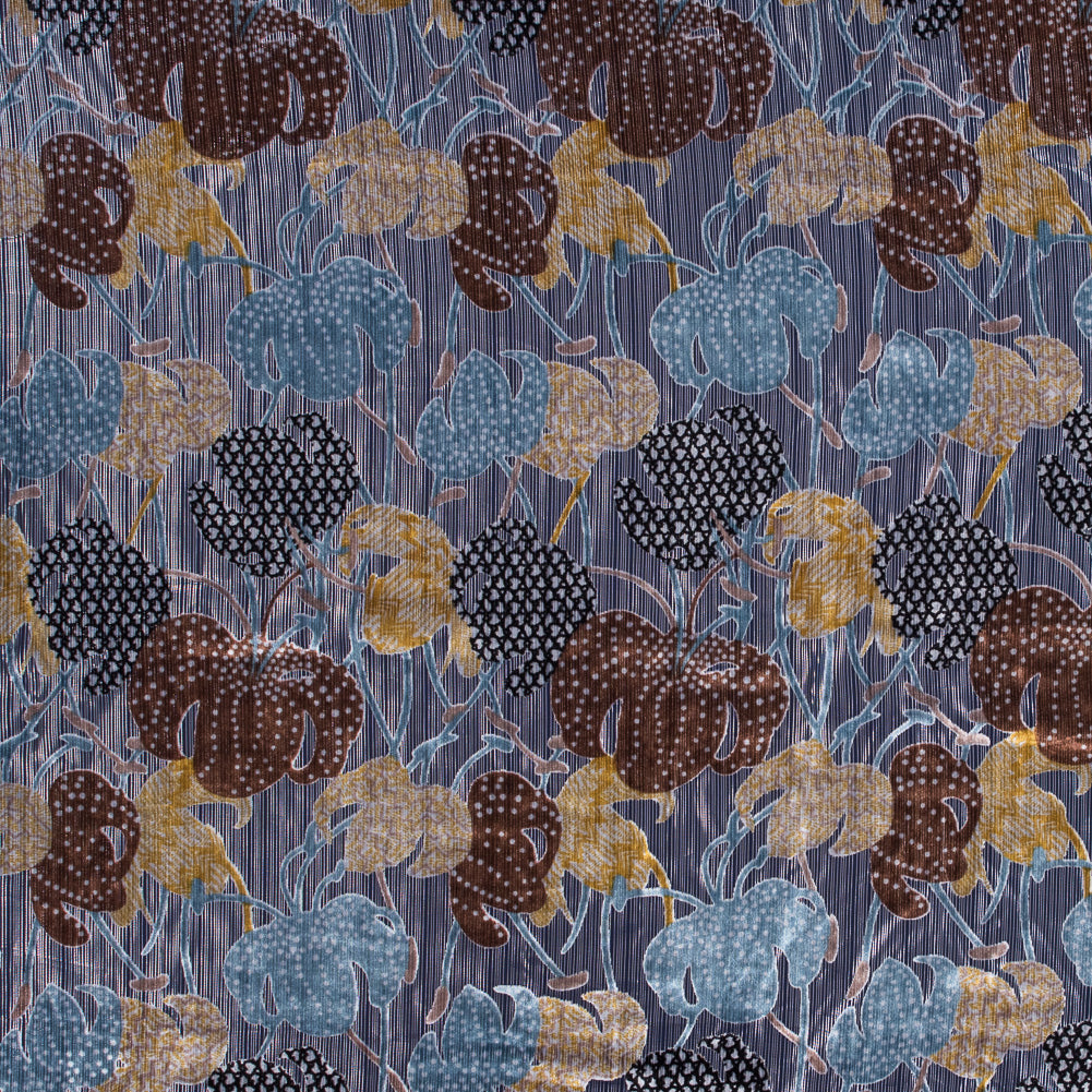 Floral Burnout Velvet with Metallic Silver Stripes - Blue, Yellow and Burgundy - Joann Fabrics